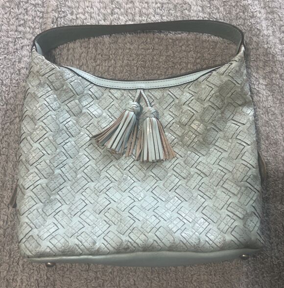 Patricia Nash Handbags - Patricia Nash Maissana Leather Hobo tassel bag Embossed Blue Boho Cottage Core